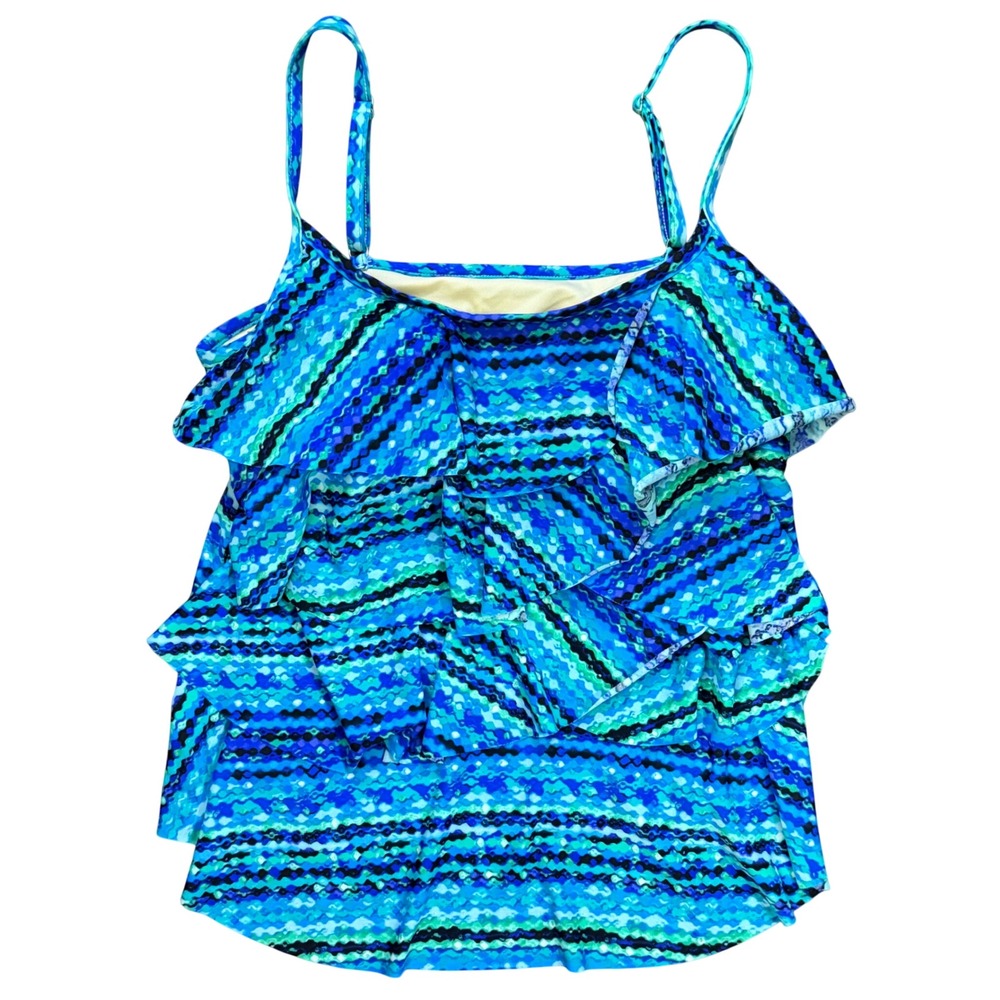 Miraclesuit Blue Geometric Tiered Ruffle Tankini Swim‎ Top Size 14 C6611777